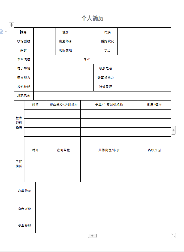 空白个人简历模板简约表格