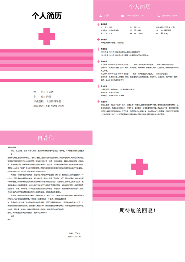 护理护士浅红色求职简历模板word 下载四页