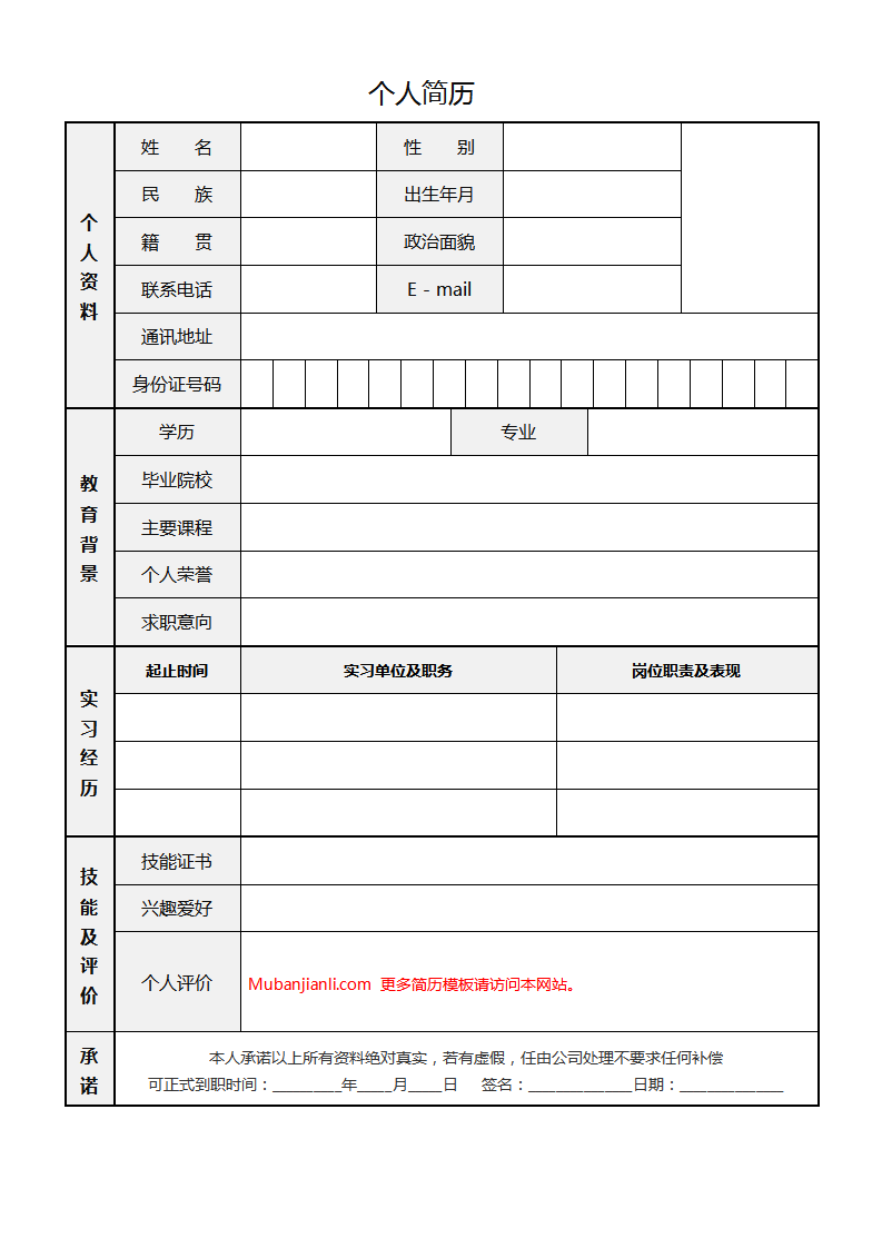 空白标准表格word简历模板04