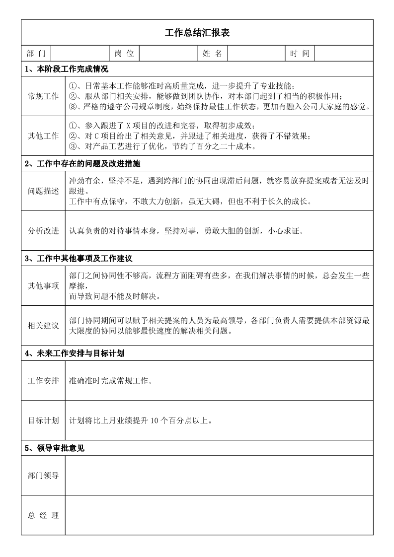 工作总结汇报表